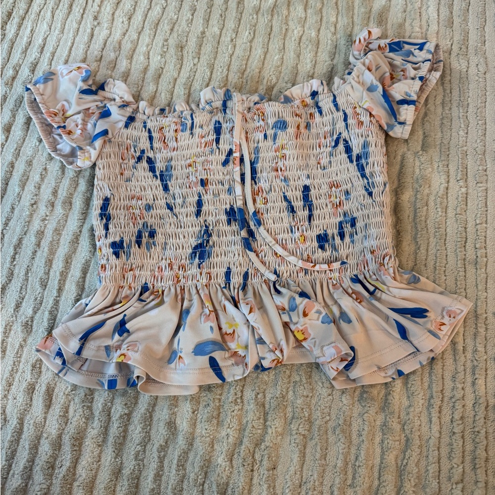 BCBGeneration Floral Smocked Ruffle Blouse - Blue and Cream